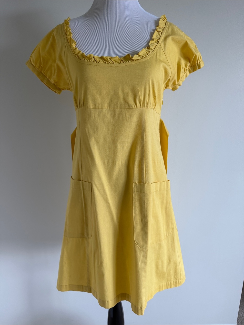 Nell Couture Yellow Ruffle Neck Short Sleeve Pocket Dress